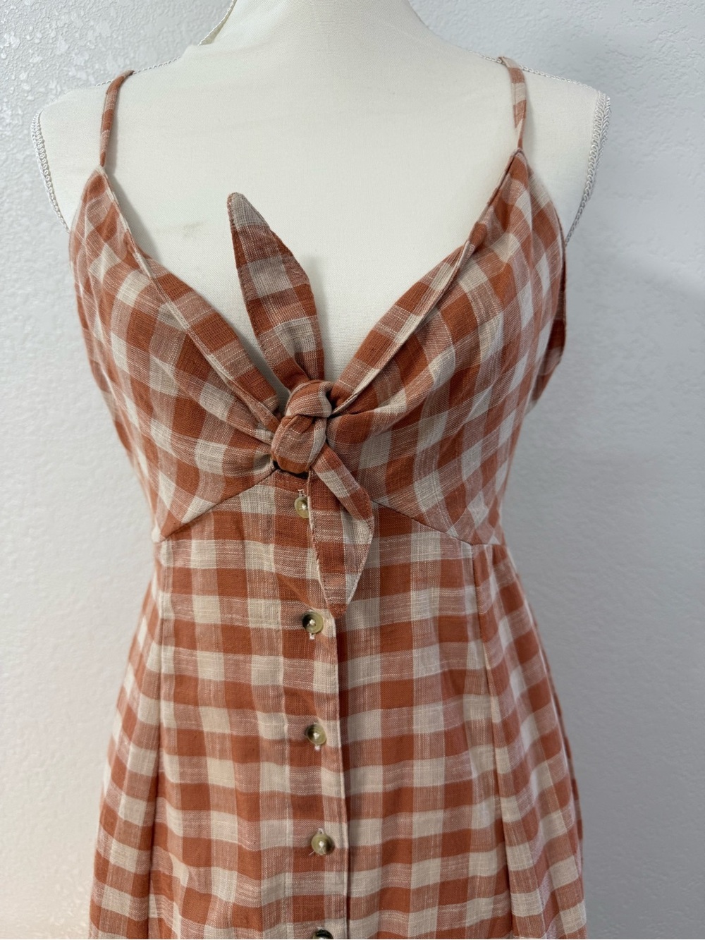ANGIE  Rust and Cream Plaid Maxi Dress with Front Tie V-Neck Button Cotton M. - Picture 6 of 13